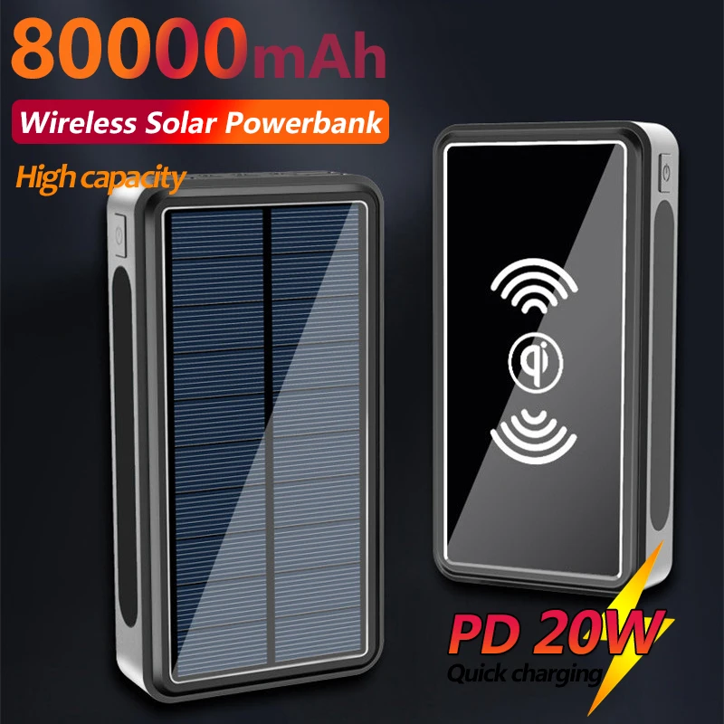 

Wireless Solar 80000mAh Power Bank Portable Charger 4USB Outdoor LED Fast Charger Poverbank External Battery for Xiaomi IPhone