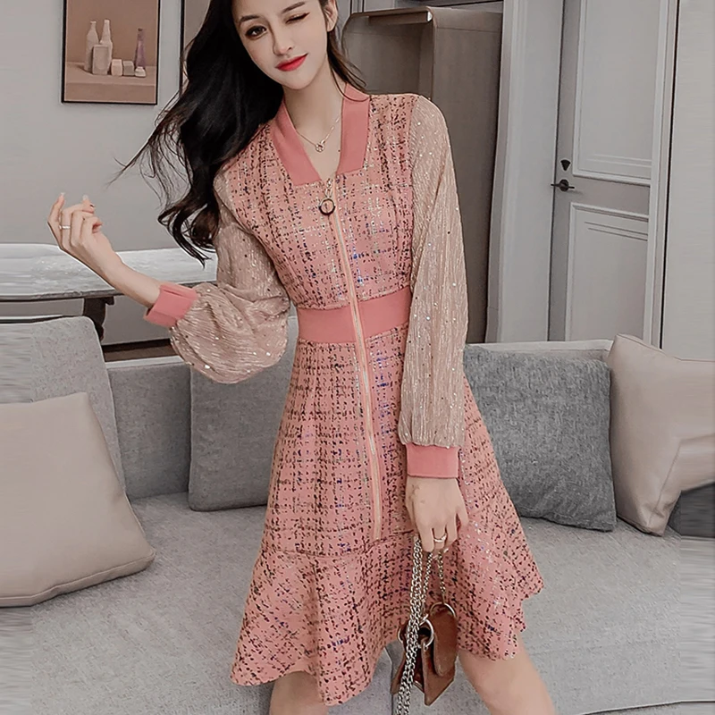 

Spring Autumn Women Pink Bright Silk Splicing A-Line Mini Dress Female V-Neck Zipper Lantern Sleeve High Waist Fish Tail Dresses