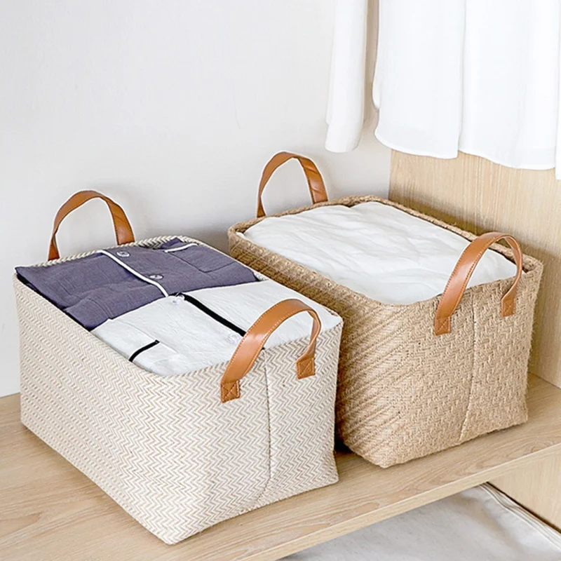 

2pcs Woven Storage Basket Eco-Friendly Home Storage Box Foldable Organizer Box Handles Laundry Baskets Toys Sundries Organizer