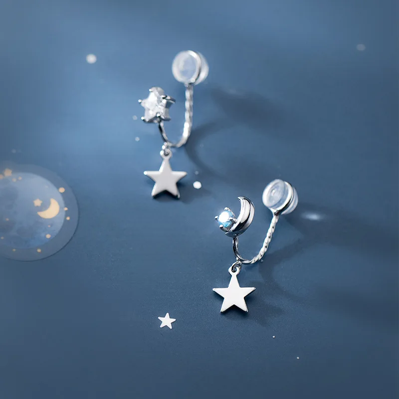 Женские асимметричные серьги-клипсы, из стерлингового серебра 925 пробы, в виде звезды и Луны