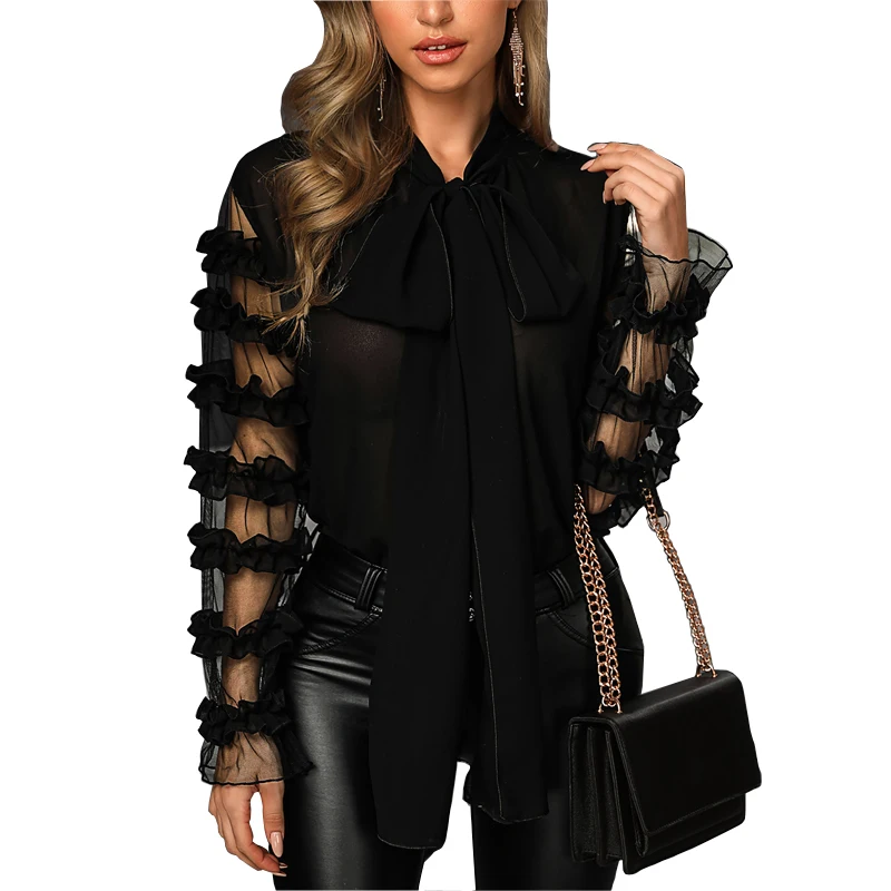 

Casual Mesh Long Sleeve Blouse Women Elegant Fashion Black Patchwork sheer Shirt Female Top