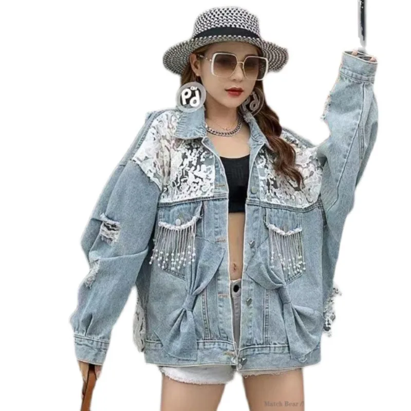 

QING MO Women Denim Jacket 2021 Newest Fashion Women Lace Patchwork Jacket With Bow Female Tassel Jacket ZQY7336