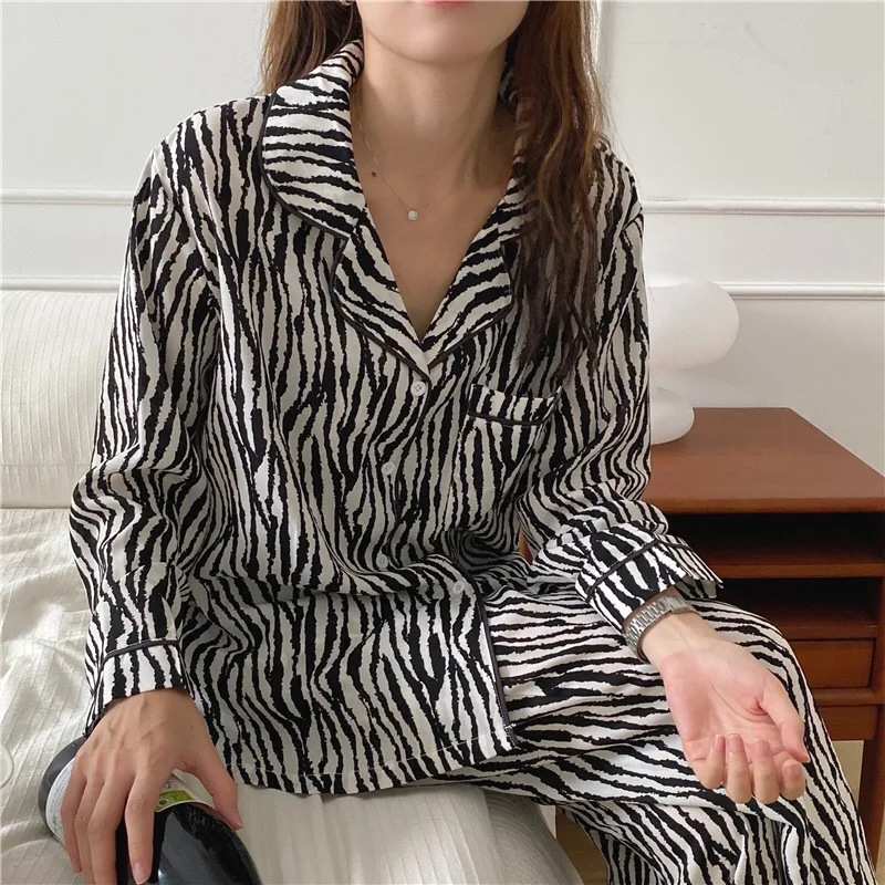 Pijama Set Woman 2 Pieces Nightie Sleepwear Home Clothes Zebra Pattern Pajamas Girl Winter Pyjama Female Suit Outfits Homewear