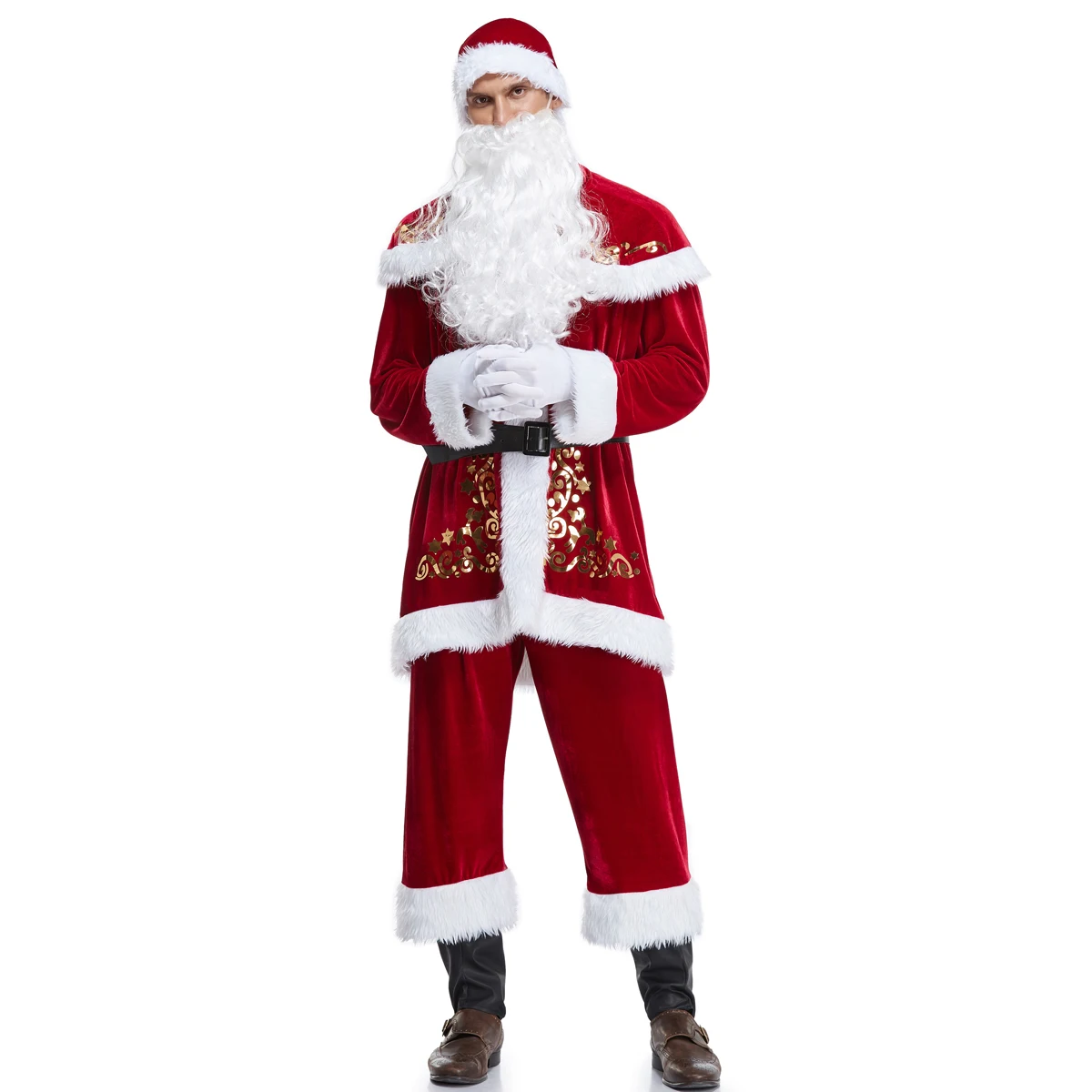 Xmas Santa Claus Suit Adult Christmas Cosplay Costume Red Deluxe Velvet Fancy 9pcs Set Xmas Party Man Costume S-XXL