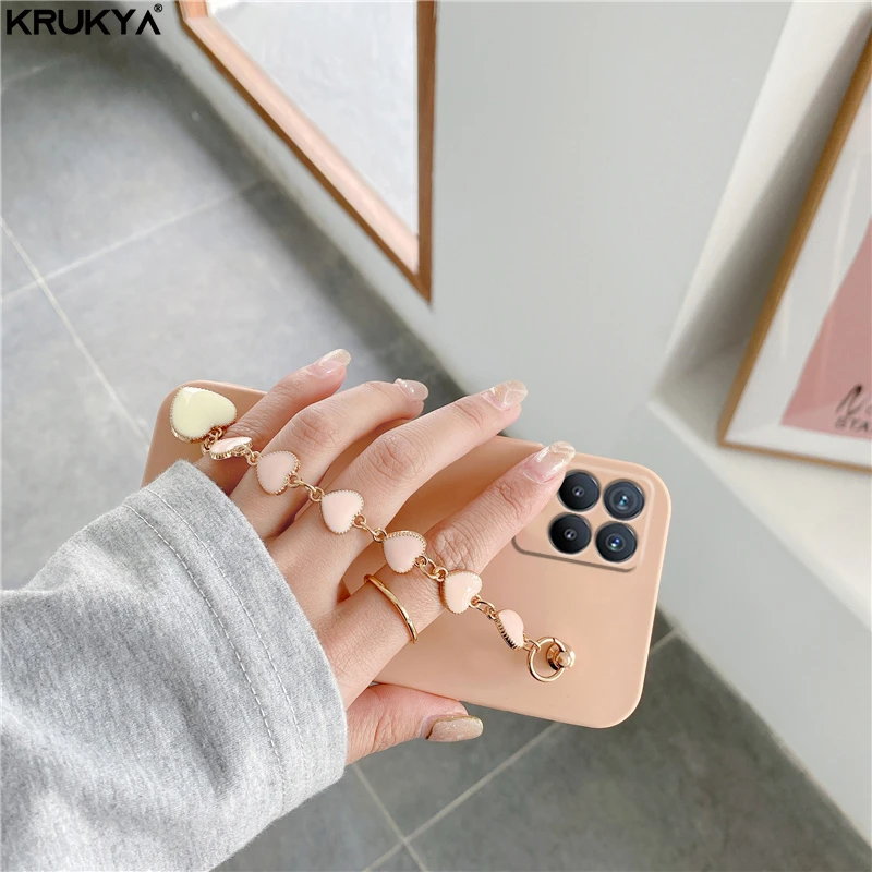 Для OPPO Realmi 8 Pro 7 6 5 C11 C12 C15 C17 V5 V13 C3 C25 X7 XT X2 C21Y Силиконовый мягкий чехол 3D Love Heart Wrist Chain Phone Cover.