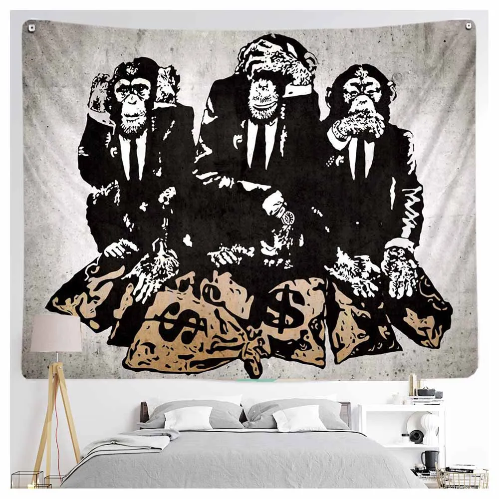 

3 Wise Monkeys Banksy Art Tapestry Bed Head Bedroom Fabric Vintage Blanket Large Wall Curtain Home Decor 3d Hanging Throwing