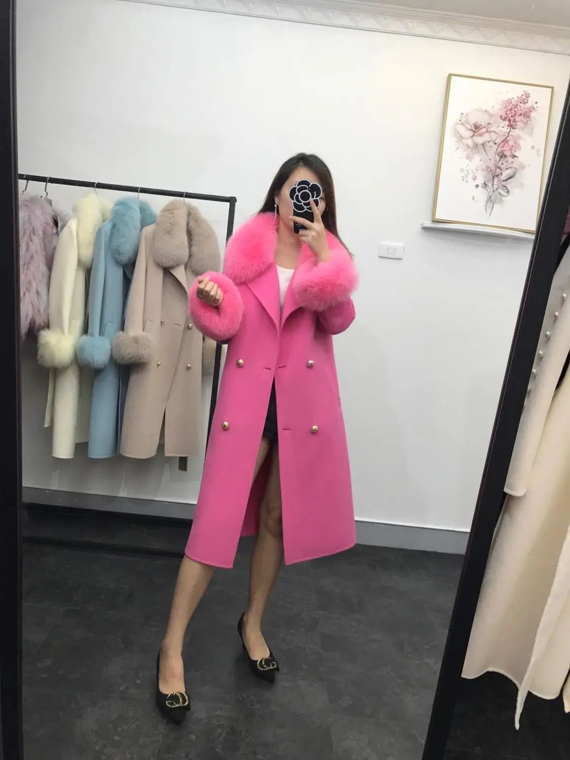 2019 Natural Fox Fur Collar Wool double-faced coat Warm Cashmere outerwear Winter Thick Jacket Slim Belt Ladies Streetwear | Женская