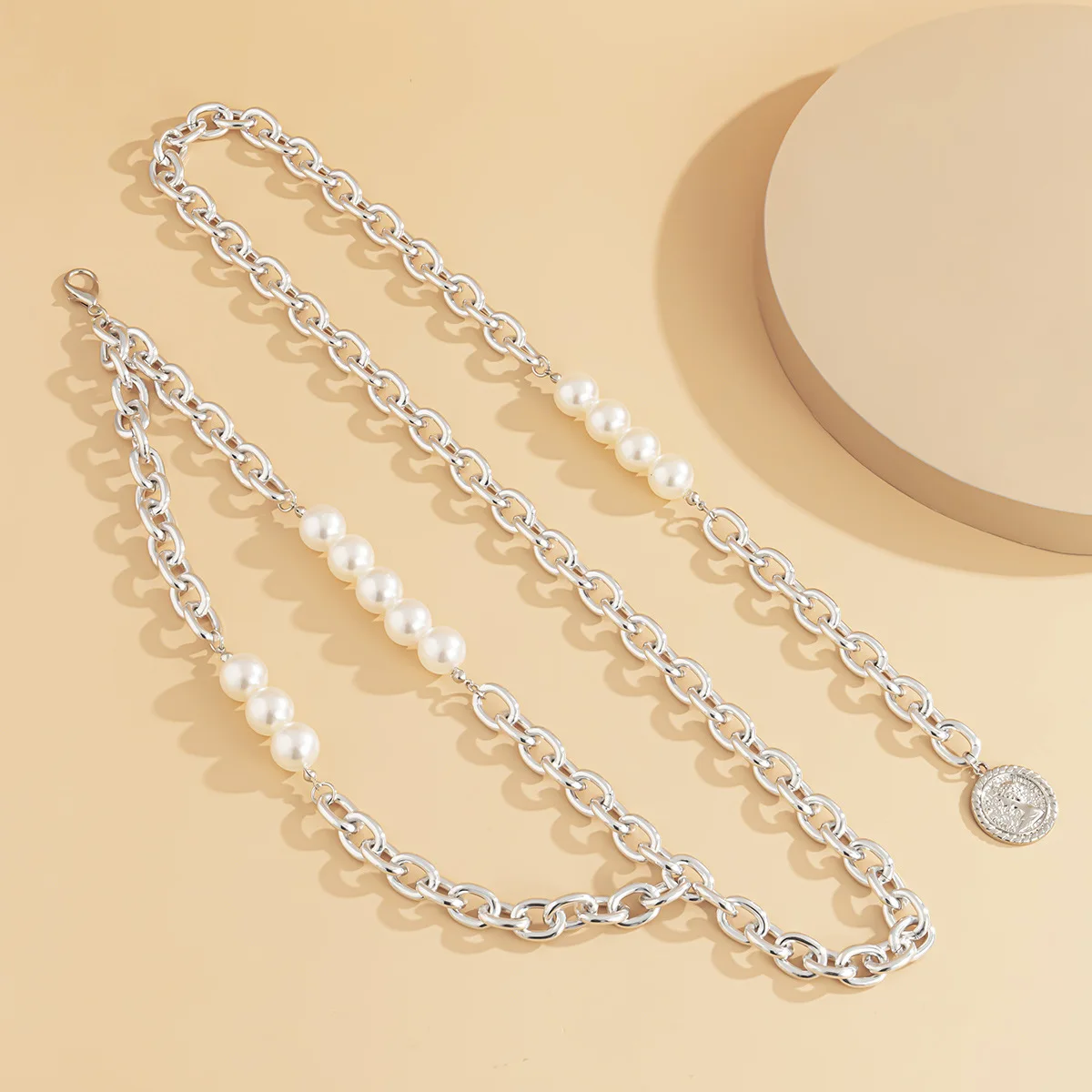 

Fashion Women Metal Chain Belts Punk Imitation Pearls Two Layer Vintage Gothic Design Gold Sliver Fashion Pendant Wasitband