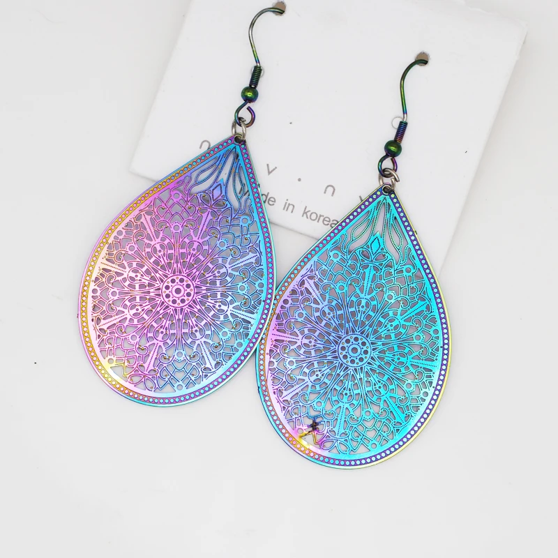 

50pcs/Lot Free Shipping Waterdrop Shape Rainbow Color Charm 48*32mm Stainless Steel Hollow Out Earring Pendants