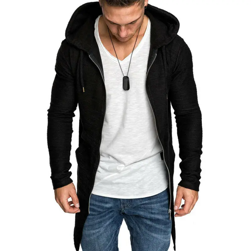 Мужская длинная куртка на молнии однотонная теплая с капюшоном и длинным рукавом