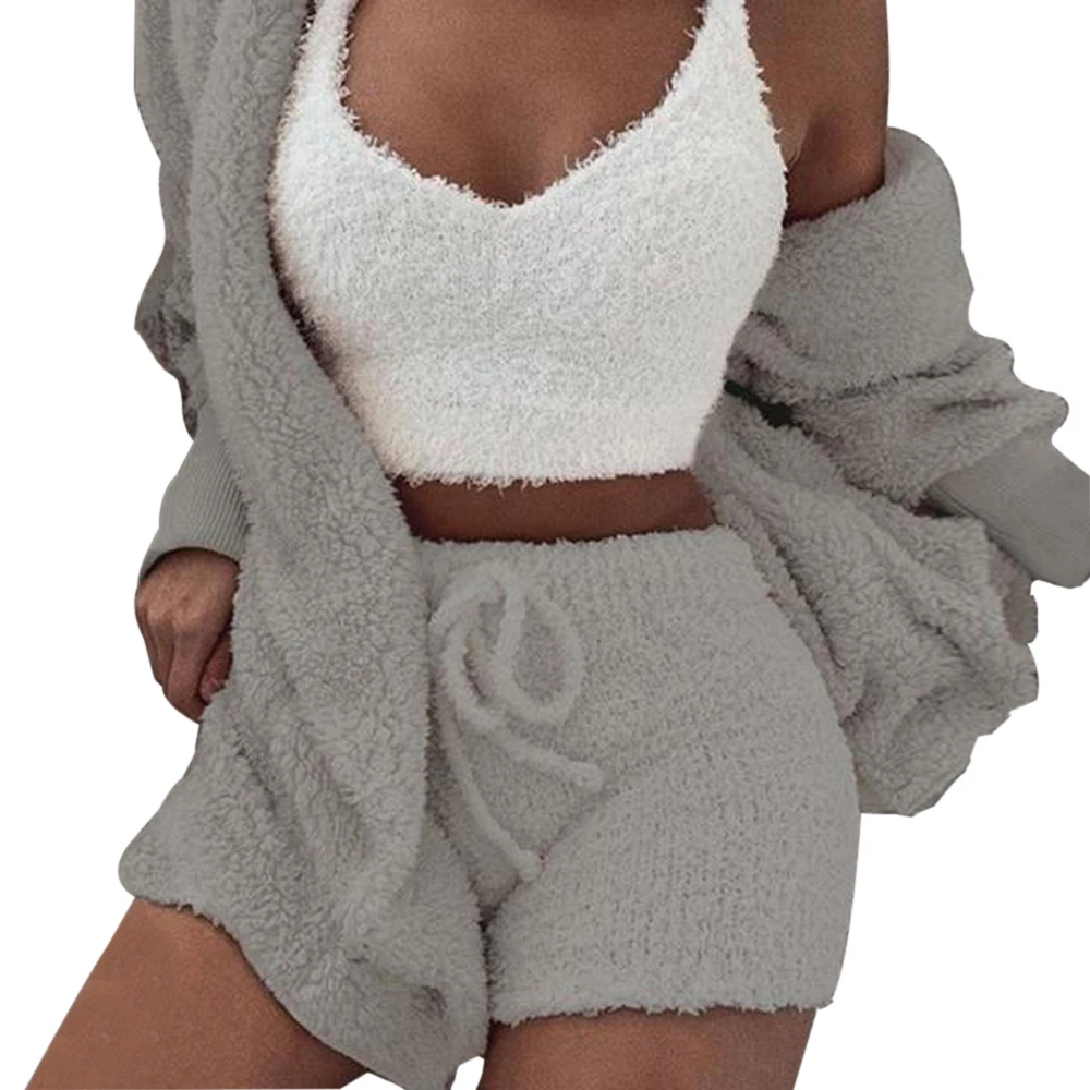 2 Piece Gray Sfit мягкий длинный плюшевый комплект куртка с длинным рукавом женский сексуальный укороченный топ и шорты костюм новые женские спортивные комплекты для отдыха - Цвет: 2 Piece Gray