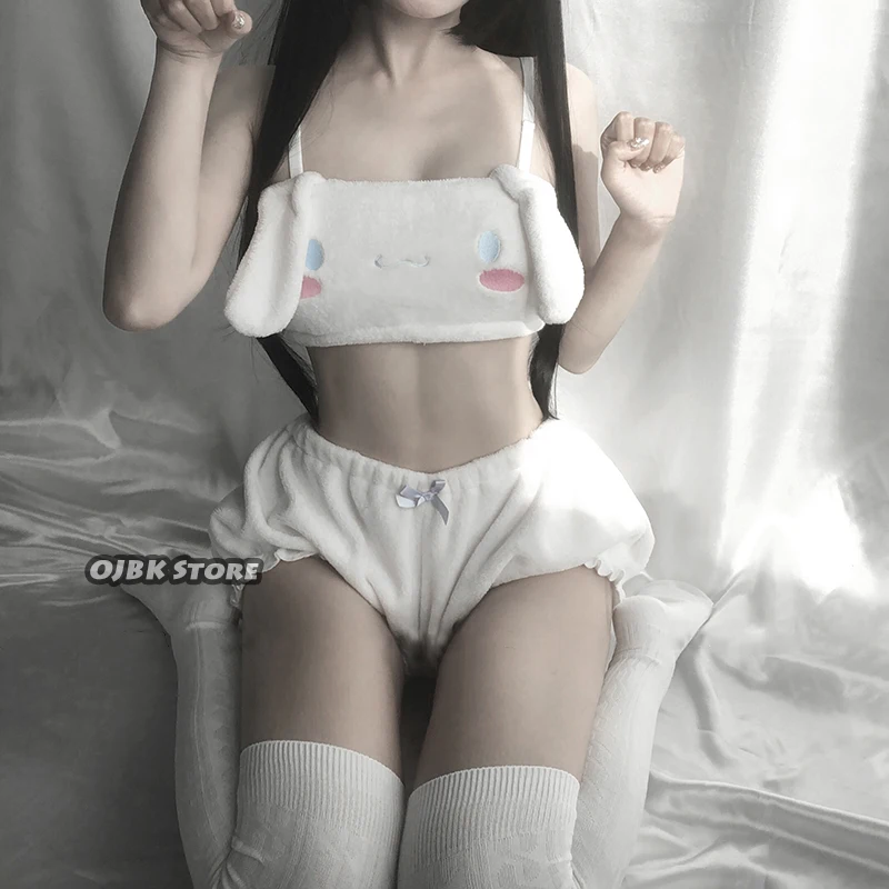 OJBK, сексуальные костюмы AnimeCosplay, бюстгальтер с длинными ушами и панталоны, розовый и белый, Kwaii, бархатный топ-труба и трусики, комплект для девочек