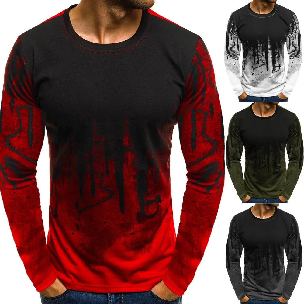 

KANCOOLD Men trend casual men's T-shirt Men Gradient Color T-shirt 2019 spring new fashion O-neck slim long-sleeved T-shirt top