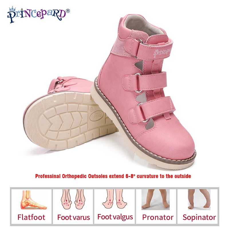 Princepard Toddler Kids Summer Shoes Flat Heels Orthopedic Sandals Pink Grey Leathers Children Sandals For Girls Toddler Baby