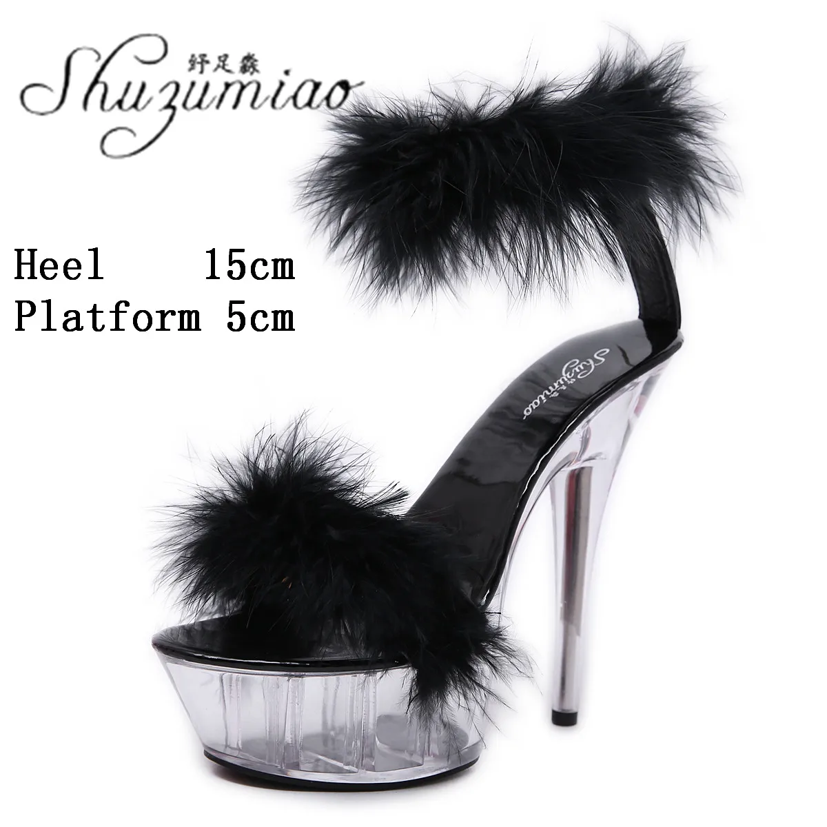 

Model Sexy Striptease Show Transparent Crystal Stiletto 15CM Super High Heel Sandals Clear Platform Furry Women's Shoes 2021 New