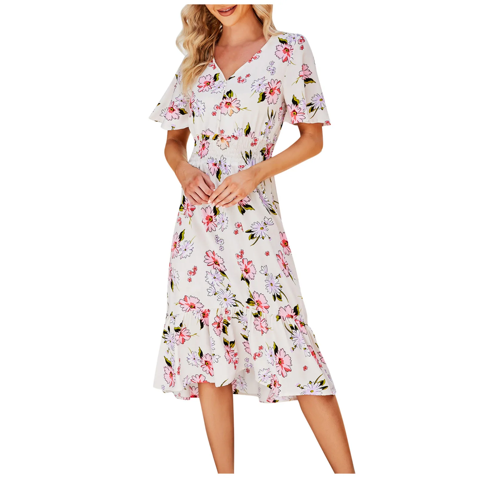 

Dresses For Women Summer Casual Floral Print Bohemian Round Neck A-line Printed Sundress Short Sleeve Dress Летнее Женское 2021