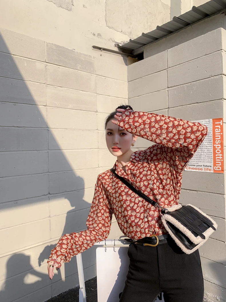 

CHEERART Spring 2021 Floral Top Vintage Red Shirt For Women Fashion Long Sleeve Button Up Collared Shirt Korean Ladies Blouses