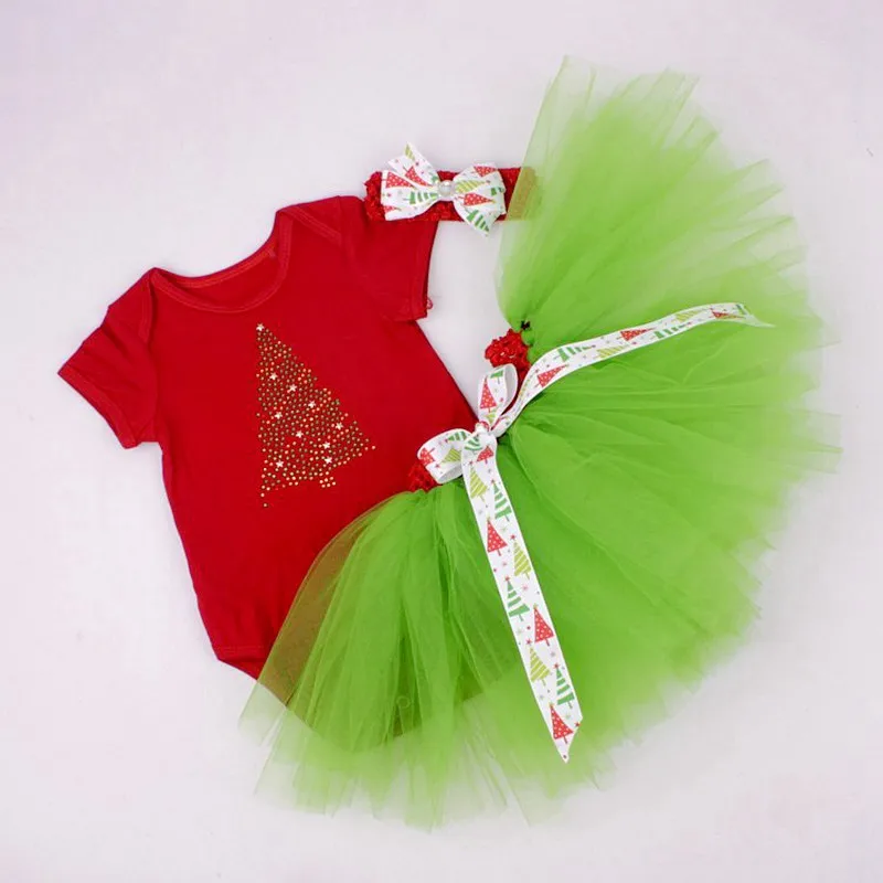 

Xmas Tree Print My First Christmas Baby Girl Bodysuits Lace Tutu Skirts Headband Children Clothing Toddler Christmas Outfits