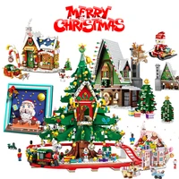 new merry christmas house santa claus snowman train tree deer christmas streetview city building blocks bricks toy kids gift