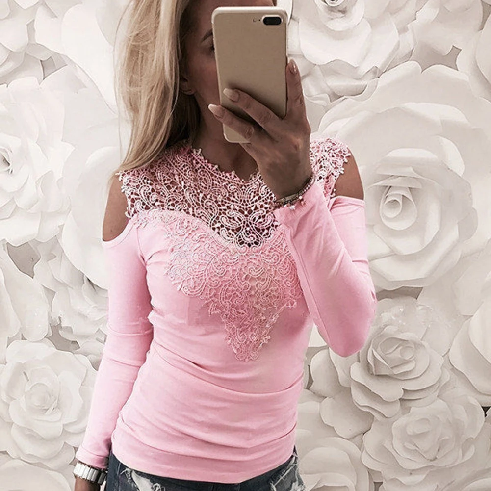 Сексуальные женщины полые Кружева Лоскутная холодная плеча с длинным рукавом