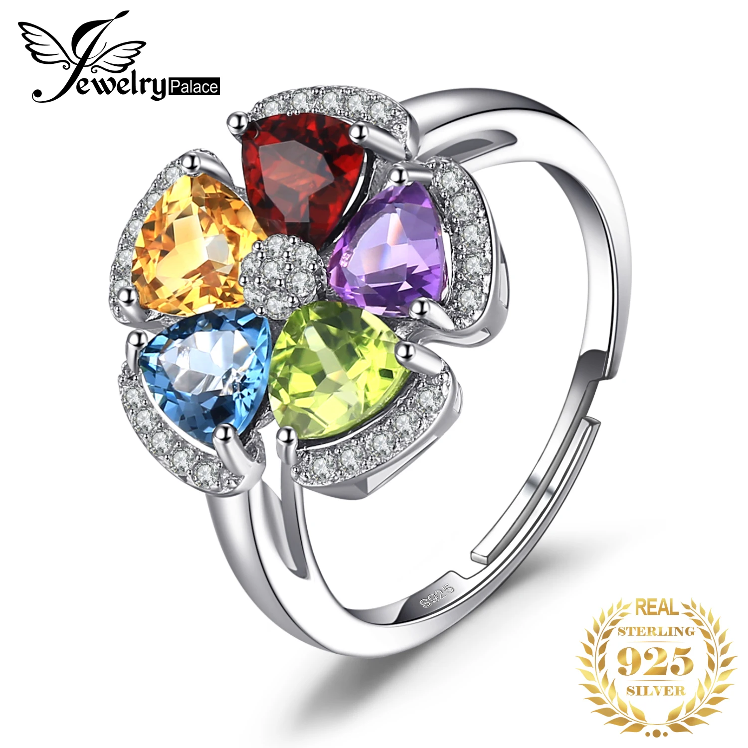 

JewelryPalace 2.6ct Genuine Swiss Blue Topaz Amethyst Citrine Garnet Peridot Open Adjustable Promise Ring 925 Sterling Silver