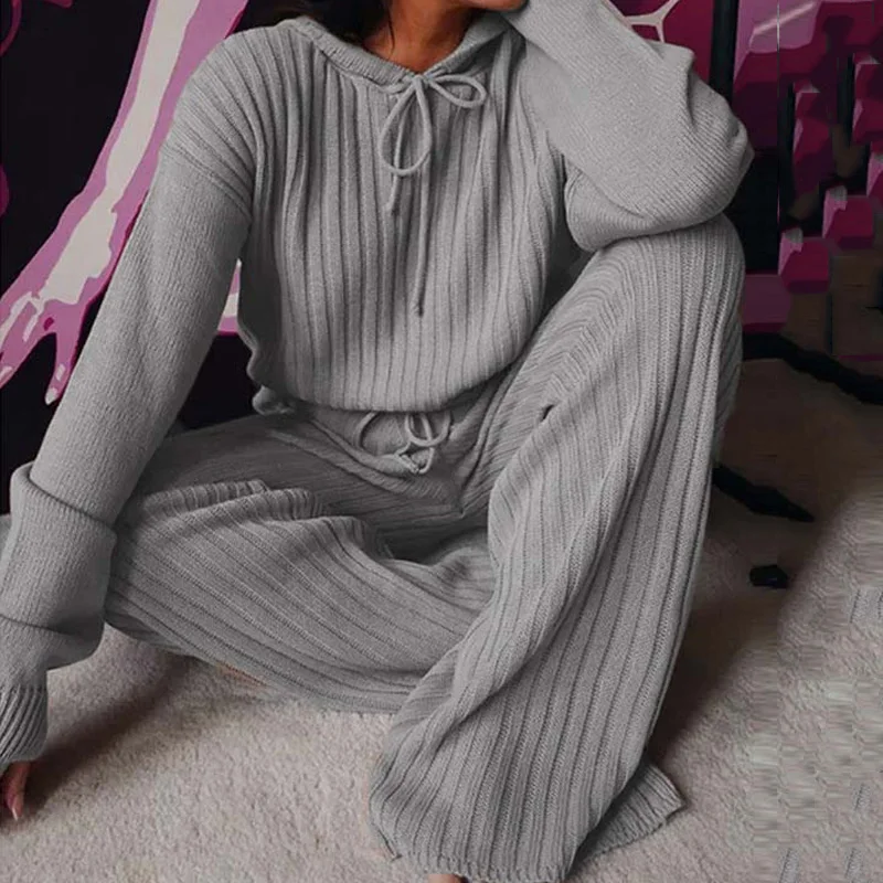 

Autumn Winter Knitted Pajama Set Women Hooded Pajama Pants Home Suit for Women Long Sleeve Sleepwear Loose Lounge Wear Ladies