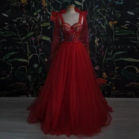 booma red sweetheart tulle prom dresses bow straps appliques bustier a line formal evening gowns lace up wedding party dresses