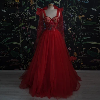 Booma Red Sweetheart Tulle Prom Dresses Bow Straps Appliques Bustier A-Line Formal Evening Gowns Lace Up Wedding Party Dresses