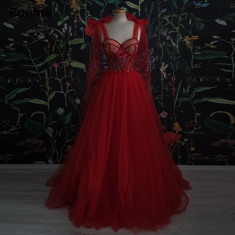 Booma Red Sweetheart Tulle Prom Dresses Bow Straps Appliques Bustier A-Line Formal Evening Gowns Lace Up Wedding Party Dresses