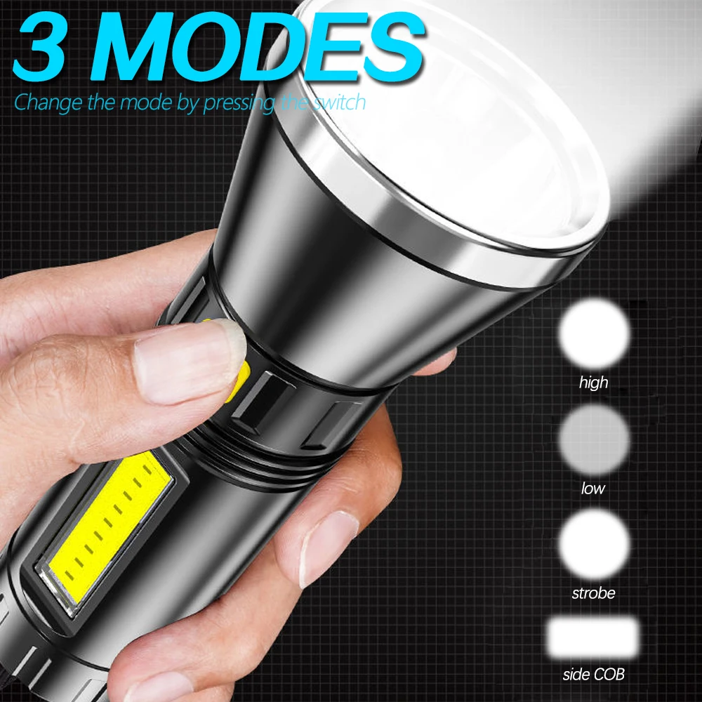 

500 лм, М, светодиодная вспышка дальнего действия, перезаряжаемая через USB, водонепроницаемая вспышка с босветильник светом COB, встроенный акк...