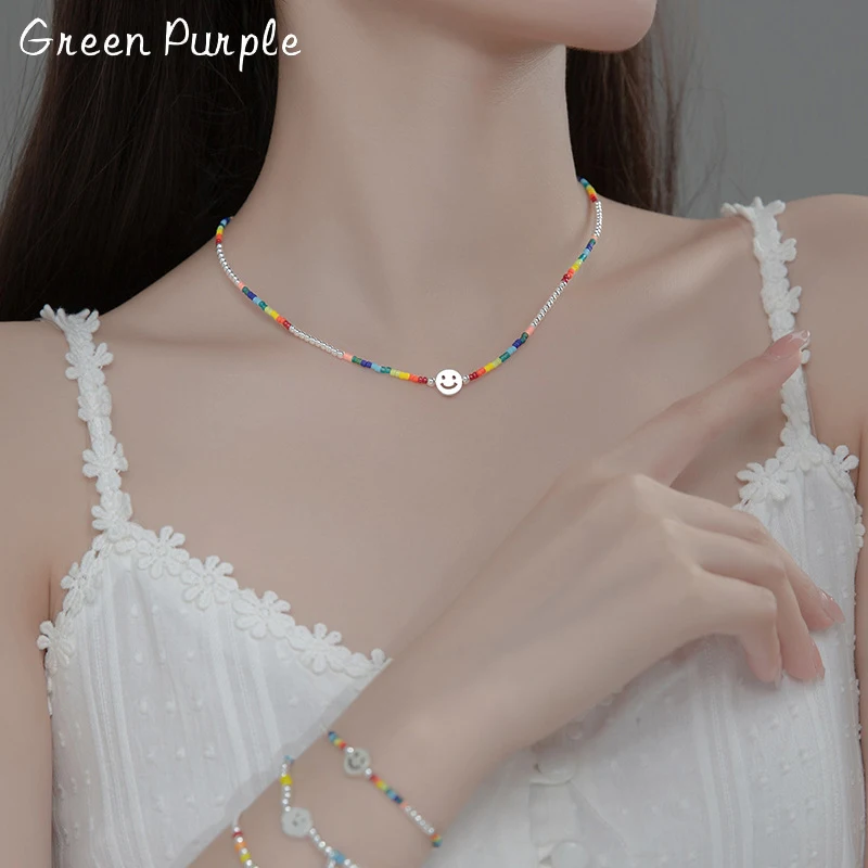 

Necklace for Women 925 Sterling Silver Lucky Smile Pendant Boho Rainbow Beaded Handmade Statement Jewelry Collares Femme
