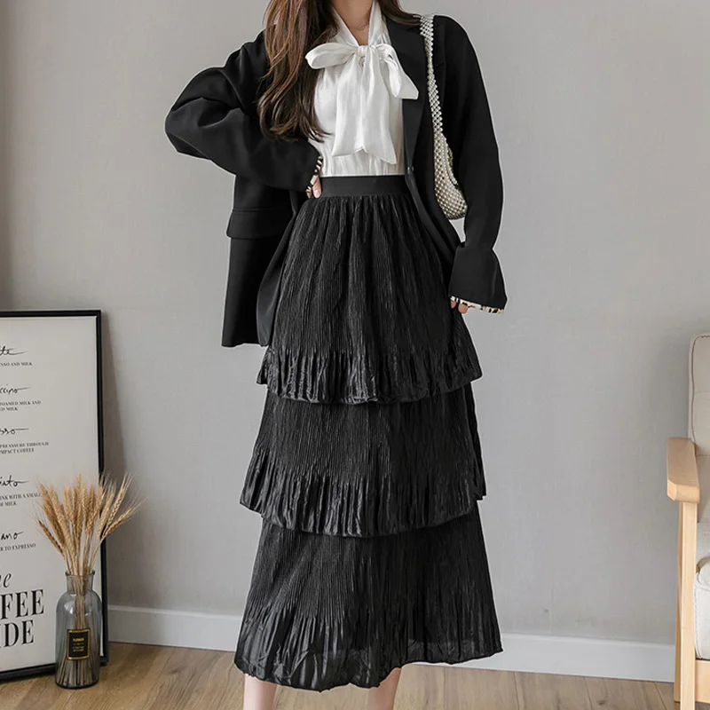 Fitaylor Summer Pleated Skirt Women Elastic Waist Ruffle Leaf Slim Elegant Pink Black Gary High Long | Женская одежда