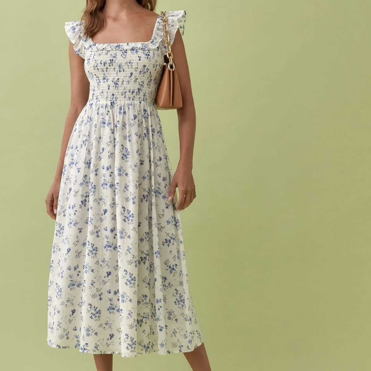 

Европа и США 2021 новые летние маленький французский измельчаются в виде листка лотоса край маленький с рукавами-крылышками; Платье свободно...