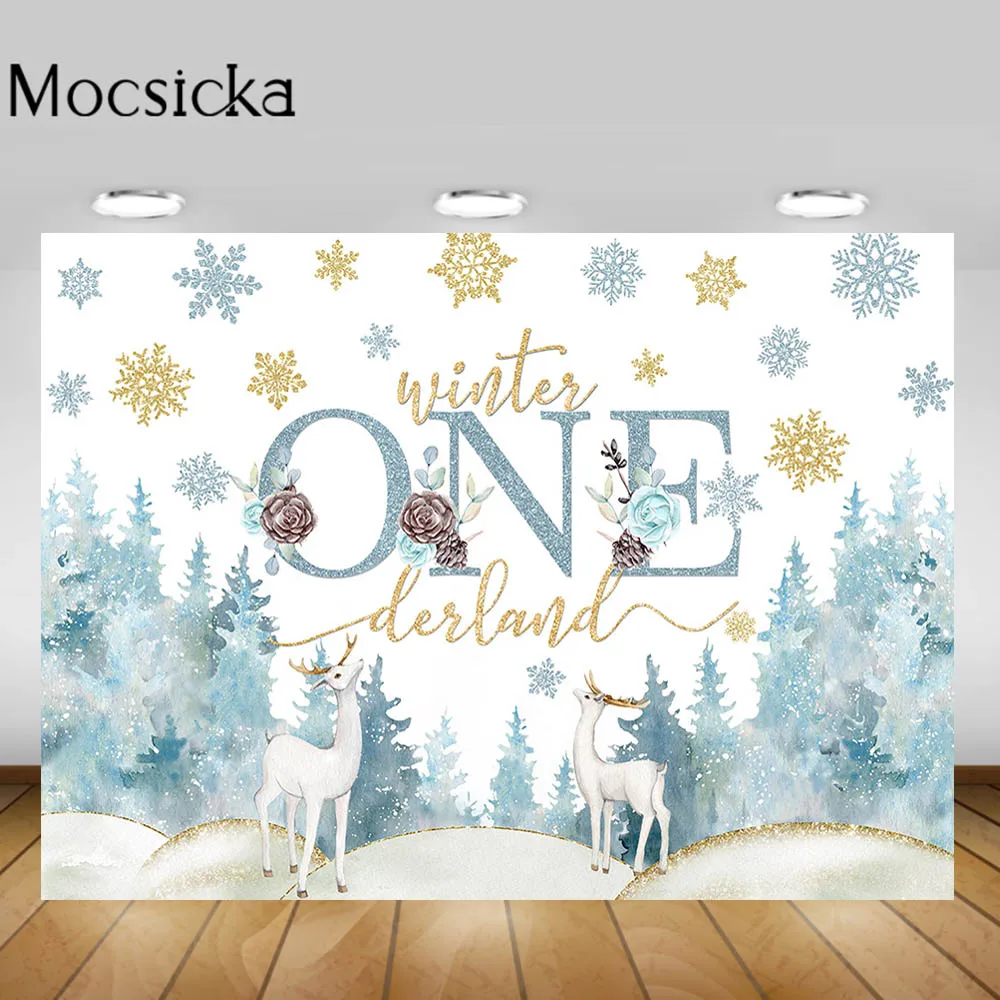 

Mocsicka Baby 1st Birthday Backdrop Winter Onederland Forest Snowflake One Birthday Party Photo Background for Studio Photoshoot