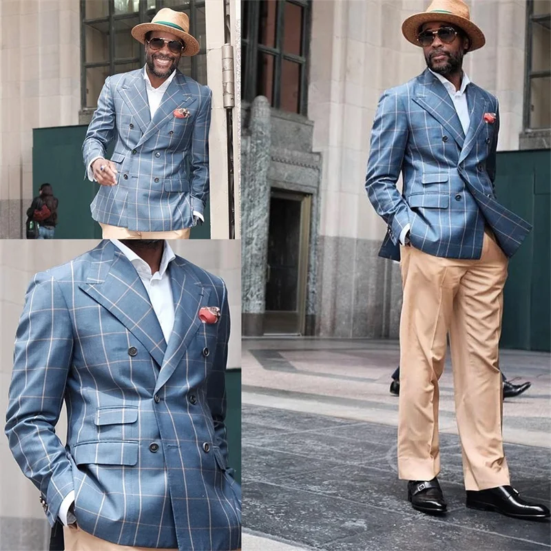 1 Piece Handsome Formal Blue Men Suit Double Breasted Lapel Jacket Cotton Blend Plaid Pattern Gentleman Leisure Coat