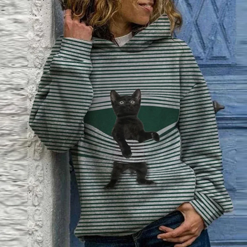 Женская винтажная толстовка с капюшоном черный пуловер в полоску длинным
