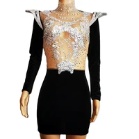sparkling rhinestones mesh gauze perspective turtleneck mini dresses party dress for women nightclub dance show stage wear