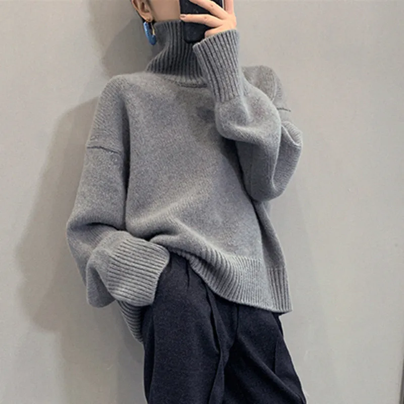 

SuperAen Turtleneck Autumn and Winter Loose 2021 New Solid Flat Needle Thickened Pullover Bottoming Sweater Women