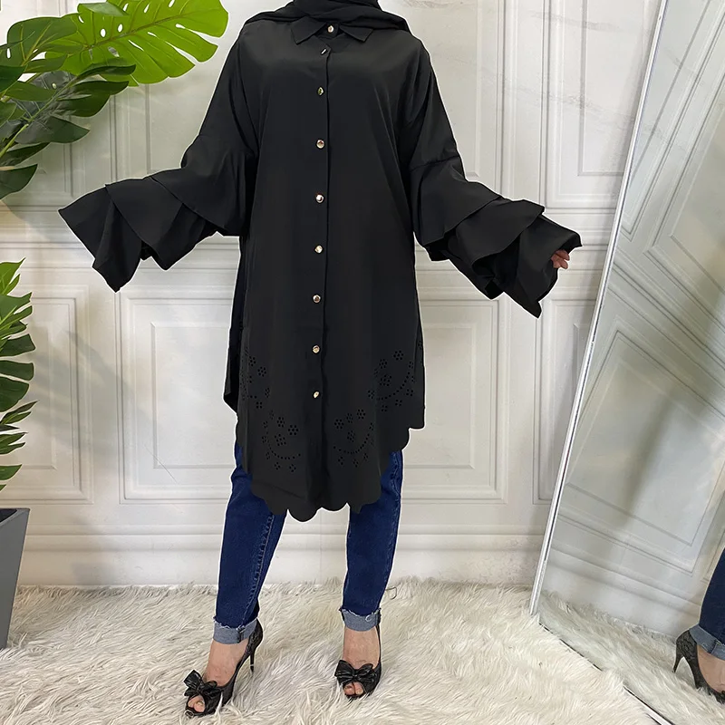 Длинные рубашки мусульманская женская мода рукав-лепесток одежда Оман Дубай