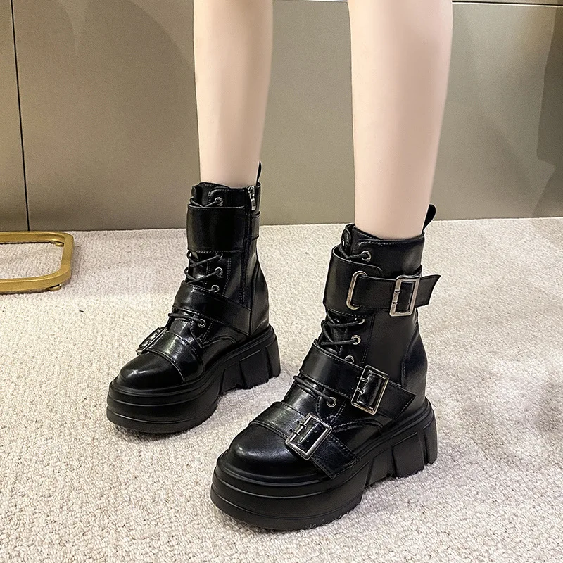 

New Autumn High Platform Sneakers High Heels Women Thick Sole Ankle Boots Wedge Winter Casual Shoes Black Chunky Boots