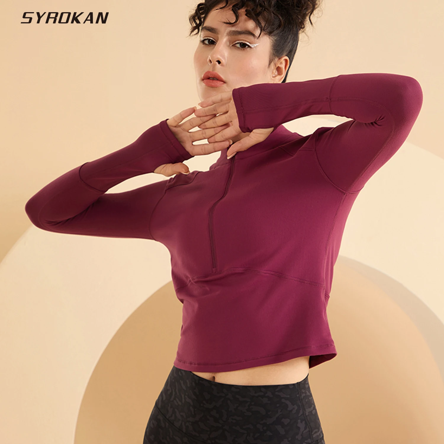 

SYROKAN Women's Running Shirt Long Sleeve Shirt Dry Fit Half-Zip Workout Tops Crop Athletic