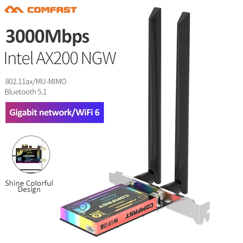

2974Mbps WiFi 6 Intel AX200 2.4G&5.8GHz Dual Band 802.11ax/ac PCI-E Network Card Gigabit WiFi Adapter BT5.1 Support MU-MIMO