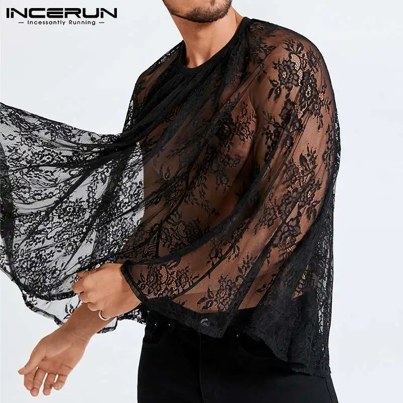 

2021 Hot Sale Stylish New Men Sexy Leisure See-through Cape Tops Mesh Cloak Round Neck Lace Floral Party Nightclub S-5XL INCERUN