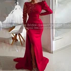 Вечернее платье-русалка, красное, с длинными рукавами, украшенное бисером, с разрезом сбоку