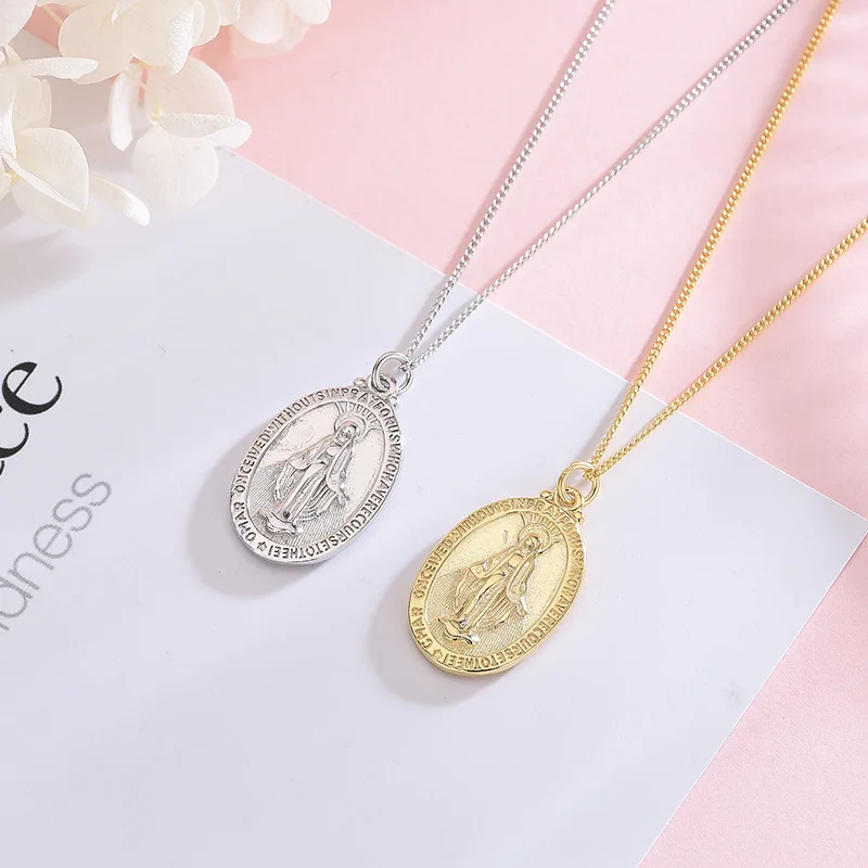 LADYCHIC Our Lady Of Grace Miraculous Medal Mary 925 Sterling Silver Pendant Christian Jesus Catholic Religious Necklace Jewelry