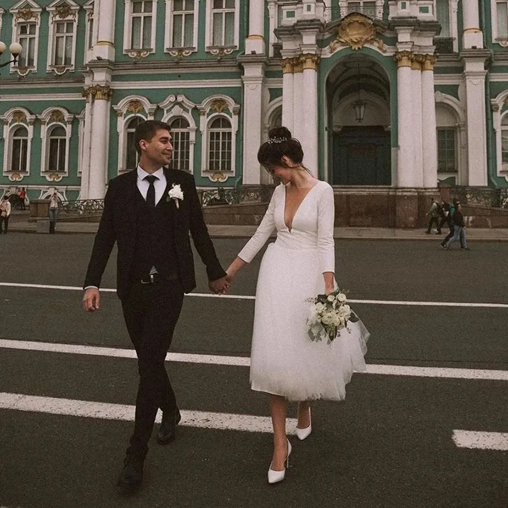 

White/Ivory Wedding Dress A-line Satin Sheer V-neck Three Quarter Sleeves Tea Length Tulle Bridal Gowns Custom Vestidos De Novia