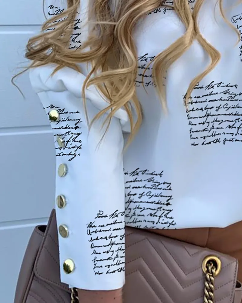 

Round Neck Letter Print Popper Cuff Blouse
