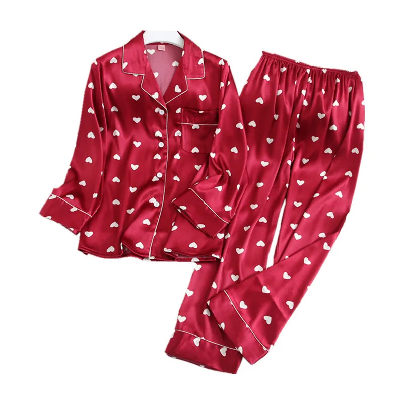 

Spring Women Pajamas Set Ice Silk Long Sleeve 2PCS Sleepwear Shirt&pant Sexy Casual Loose Nightwear Silky Satin Lapel Homewear
