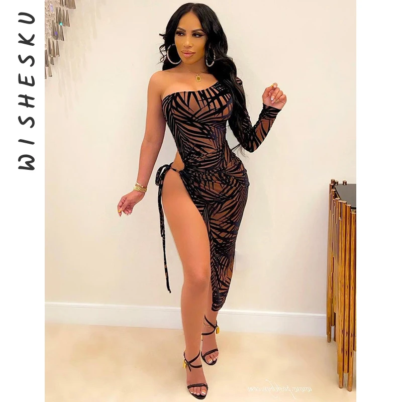 

Sexy Mesh Print Slant Shoulder One Long Sleeve Bodycon Dress Women High Split Drawstring Midi Dresses 2022 Spring Party Robe
