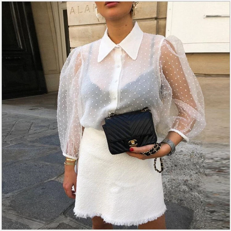 Белая прозрачная шифоновая блузка Vrouwen 2019 Bladerdeeg Mouw Knoppen Zomer Blusas рубашка Kantoor Dames Blusa